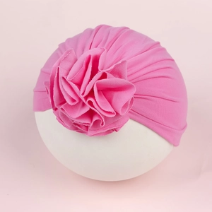 Pink newborn baby turban hat with large layered floral flower for infants 0-6 months