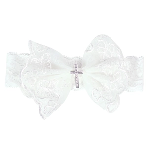 Bandeau bébé élégant en dentelle blanche avec un grand nœud et une croix en strass