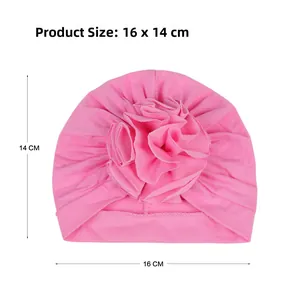 Detailed size view of pink floral baby turban hat showing 16x14 cm measurements