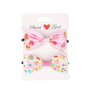2-piece Easter bow hair ties set with Happy Easter rabbit and colorful egg prints