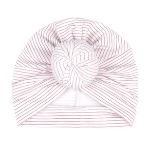 Bonnet turban pour nouveau-né à rayures roses et blanches avec un nœud donut au centre