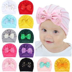 Baby Infant Turban Hat With Large Ribbon Bow Gold Hot Stamping Star Print Soft Cotton Blend Stretch Beanie For Toddler