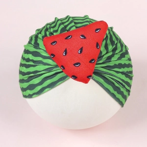 Watermelon pattern baby turban hat with green stripes and red bow detail for infants