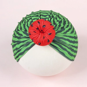 Cute baby watermelon turban hat with red knot and green striped pattern for infants