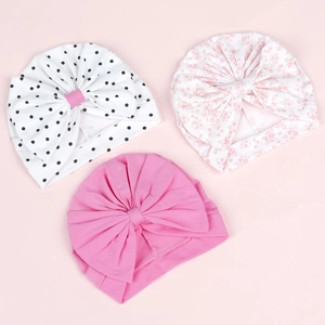 Lot de trois bonnets turbans bébé en coton avec grands nœuds et motifs à pois ou fleurs