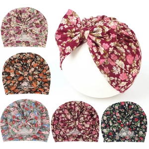 Bohemian Floral Print Baby Turban Hat Big Bow Soft Elastic Cotton Knit Infant Beanie For Newborn Toddler Girls Headwear