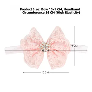 Guide des tailles bandeau bébé en dentelle rose avec nœud 10x9cm et ruban extensible 36cm