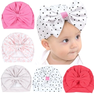 Mignon Bonnet Turban pour Bébé en Coton Imprimé Floral Pois Bonnet Souple Extensible Turban Grand Nœud Chapeau Indien Accessoires