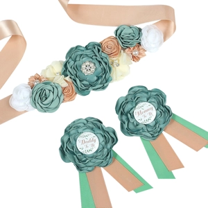 Sage green flower sash with Mommy To Be and Daddy To Be corsage set for baby shower