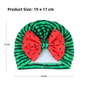 Detailed size chart for baby watermelon knit hat showing dimensions 19cm by 17cm