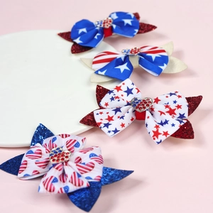 Detail of Independence Day bow hair clips with glitter sequins and heart rhinestones