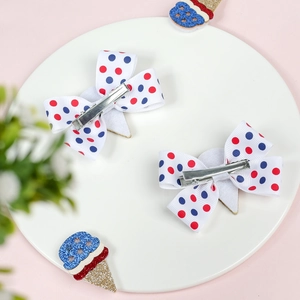 Polka dot bow and ice cream hair clip set for girls with patriotic red white blue colors