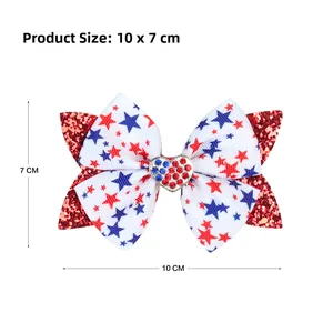 Detail view of 10x7cm patriotic glitter hair bow with stars and heart rhinestone