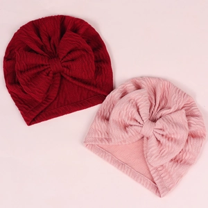 Newborn baby turban hat set with large bow decoration and soft ribbed texture fabric
