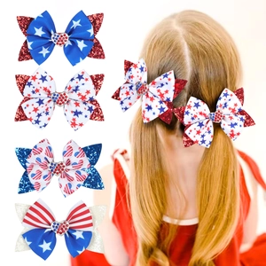 USA Independence Day Patriotic Sequin Bow Hair Clips For Girls Glitter American Flag Stars Stripes Heart Rhinestone 4th Of July Kids Hair Accessories