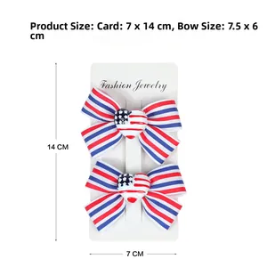Detail of red white and blue American flag style bows with heart center on display card