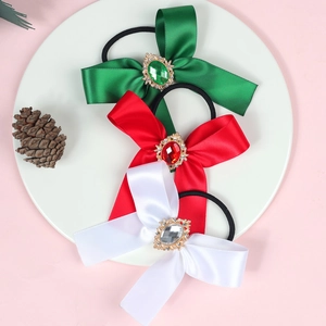Dreiteiliges Weihnachts-Set aus Satin-Haarschleifen mit Kristallen in Rot, Grün und Weiß