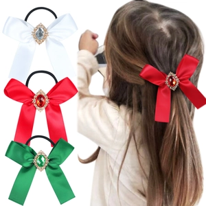 Mädchen Weihnachten Satin Schleife Haargummis Mit Strass Verzierung Festliche Band Elastische Haarbänder Für Kinder Kopfschmuck