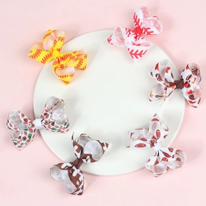 Grosgrain Ribbon Sports Theme Bow Hair Clips For Girls Baseball Football Print 3D Bow Duckbill Hair Clips Children Hair Accessories