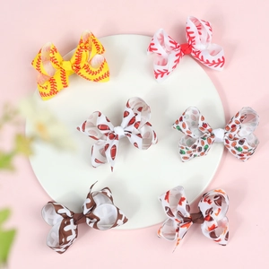 6-pack 3-inch sports themed baseball and football print ribbon hair bows with duckbill clips