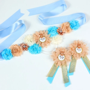 Mommy To Be Daddy To Be Maternity Sash With Chiffon Flower Bear Decor For Baby Shower Gender Reveal Party Blue Sash Corsage