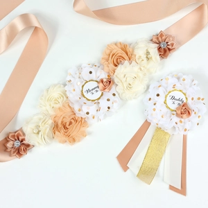 Set di Fascia Premaman Floreale Fatta a Mano Mommy To Be e Distintivo Daddy To Be per Baby Shower Festa Gravidanza