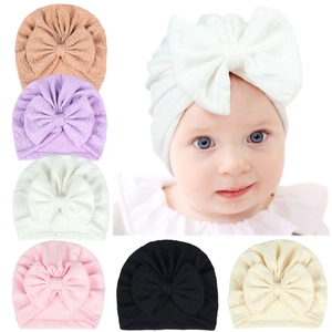 Soft Polyester Knitted Baby Turban Hat With Large Bow Textured Waffle Beanie Hospital Cap For Newborn Infant Toddler Girls