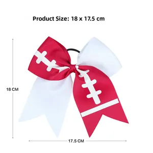 Size details of a 18x17.5cm red and white football-themed bow elastic hair tie
