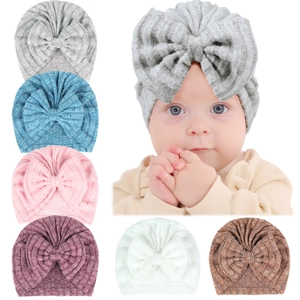 Bonnet Turban pour Nouveau-né en Tricot Côtelé Tissu Brossé Doux Grand Nœud Enveloppement de Tête Bonnet d'Hôpital pour Bébés Filles