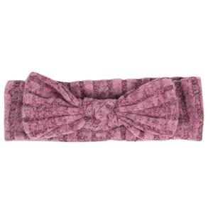 Close-up of pink-purple ribbed elastic headband featuring a soft fabric bow detail