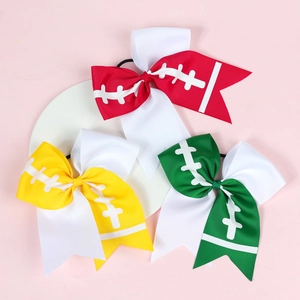 Three-piece set of sports rugby themed hair bows with stitching pattern on grosgrain ribbons
