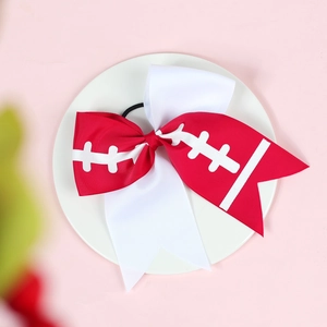 Girls' rugby pattern sports hair scrunchie with red and white cheerleader bow