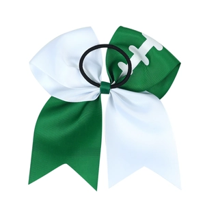 Green and white rugby pattern bow hair tie with durable elastic band for girls