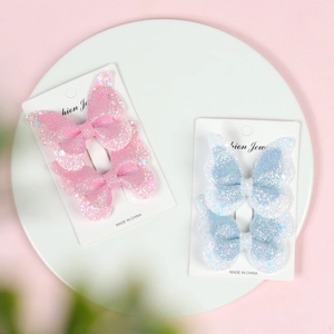 Glittery double-layered butterfly hair clips for girls in pink and blue set