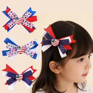 Patriotic American Independence Day Bow Hair Clips For Girls Kids Red White Blue Stars Stripes Flag Grosgrain Ribbon Bows Accessories