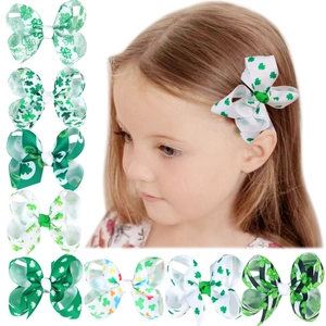 Barrettes à Nœuds Saint-Patrick pour Enfants Vert Motif Trèfle Ruban Gros-Grain Pinces Bec de Canard Accessoires Cheveux Fille