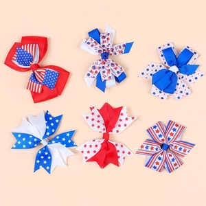 Set di 6 fermagli per capelli con fiocchi patriottici rosso bianco blu e motivi a stelle
