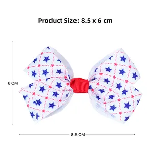 Detail showing red white and blue bow hair clip with product size dimensions 8.5x6 CM