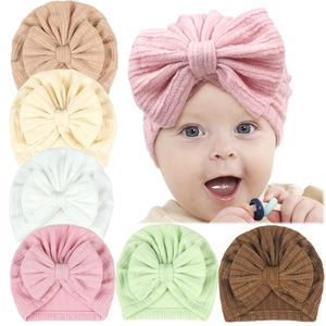 Baby Turban Hat With Big Bow Ribbed Knit Infant Headwrap Breathable Solid Color Stretchy Headband For Newborn Toddler Girls