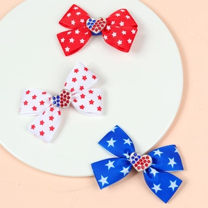 Three-piece US flag style bow hair clips with stars and heart rhinestones for girls