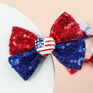 Barrette à nœud pailleté drapeau américain avec cœur patriotique pour fille
