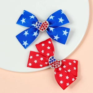 American flag hair bow clips for girls with star patterns and rhinestone heart centers