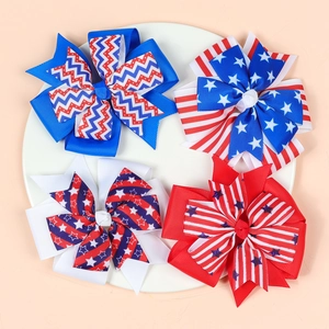 Barrettes à Cheveux Nœud Jour de l'Indépendance Américaine Filles Patriotique Rouge Blanc Bleu Étoiles Rayures Gros-Grain
