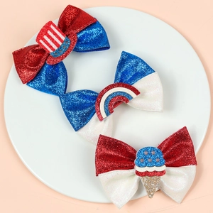 Independence Day Glitter Bow Hair Clips Artificial Leather USA Flag Stars Stripes Rainbow Ice Cream Duckbill Clip Girls Hair Accessories