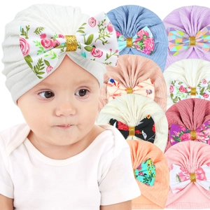 Baby Turban Hat Polyester Elastic Knit Large Floral Bow Gold Glitter Knot Soft Infant Girls Photography Daily Headwear