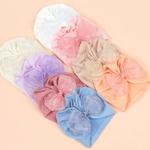 Baby Turban Hat Large Organza Bow Soft Ribbed Knit Beanie Solid Color Headwear For Infant Toddler Girls Photo Props Accessory