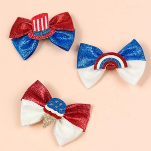 Three-piece set of girls' Independence Day hair clips with red white and blue glitter bows