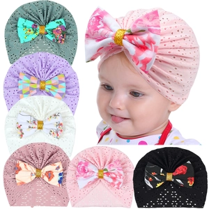 Newborn Baby Girls Turban Hat Floral Bow Eyelet Breathable Polyester Beanie Soft Toddler Headwrap Infant Accessories