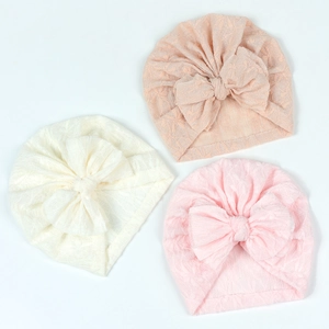Breathable baby turban hats with large bows in white, apricot and pink colors