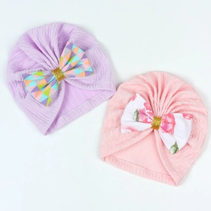 Baby turban hat set with large bows and soft ribbed fabric in purple and pink